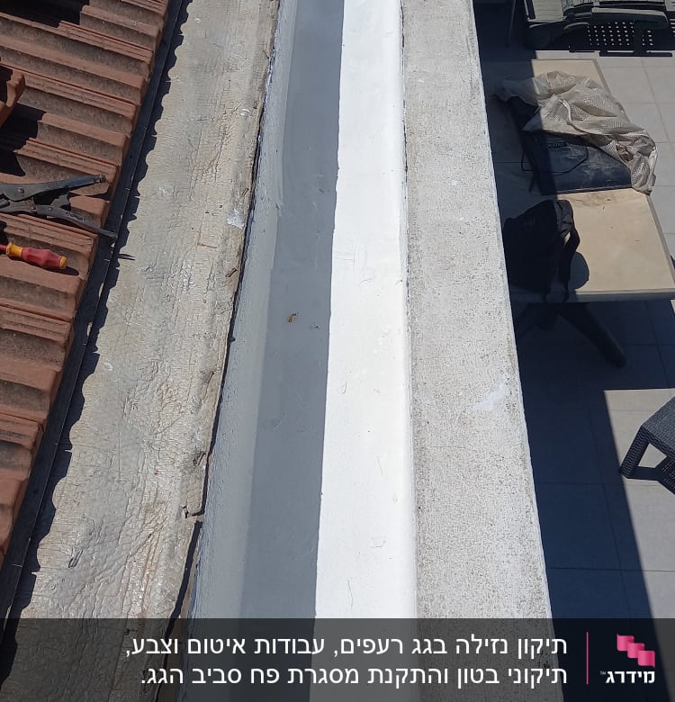 מרזב גג עם רעפים וכלי עבודה